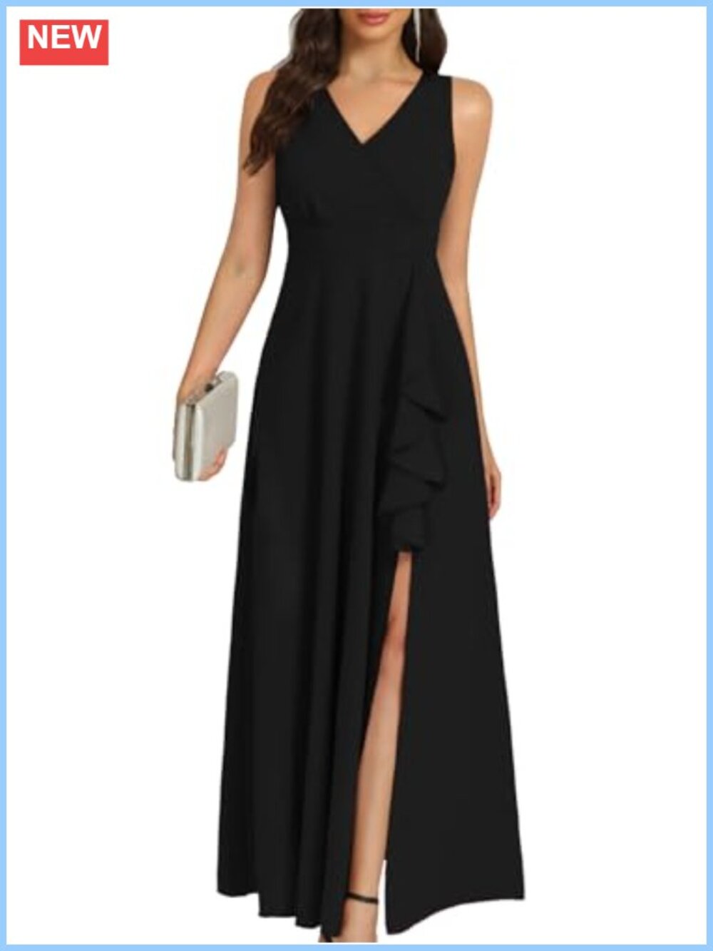 Women's Sleeveless V-Neck A-Line Formal Cocktail Wedding Guest Gown with Ruffle